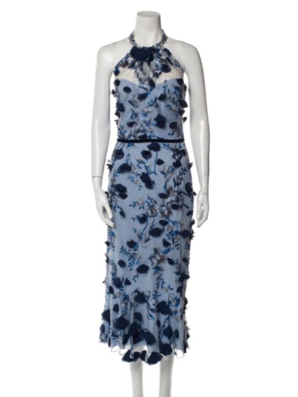 Marchesa Light Blue Midi Dress with Navy Floral Appliqué